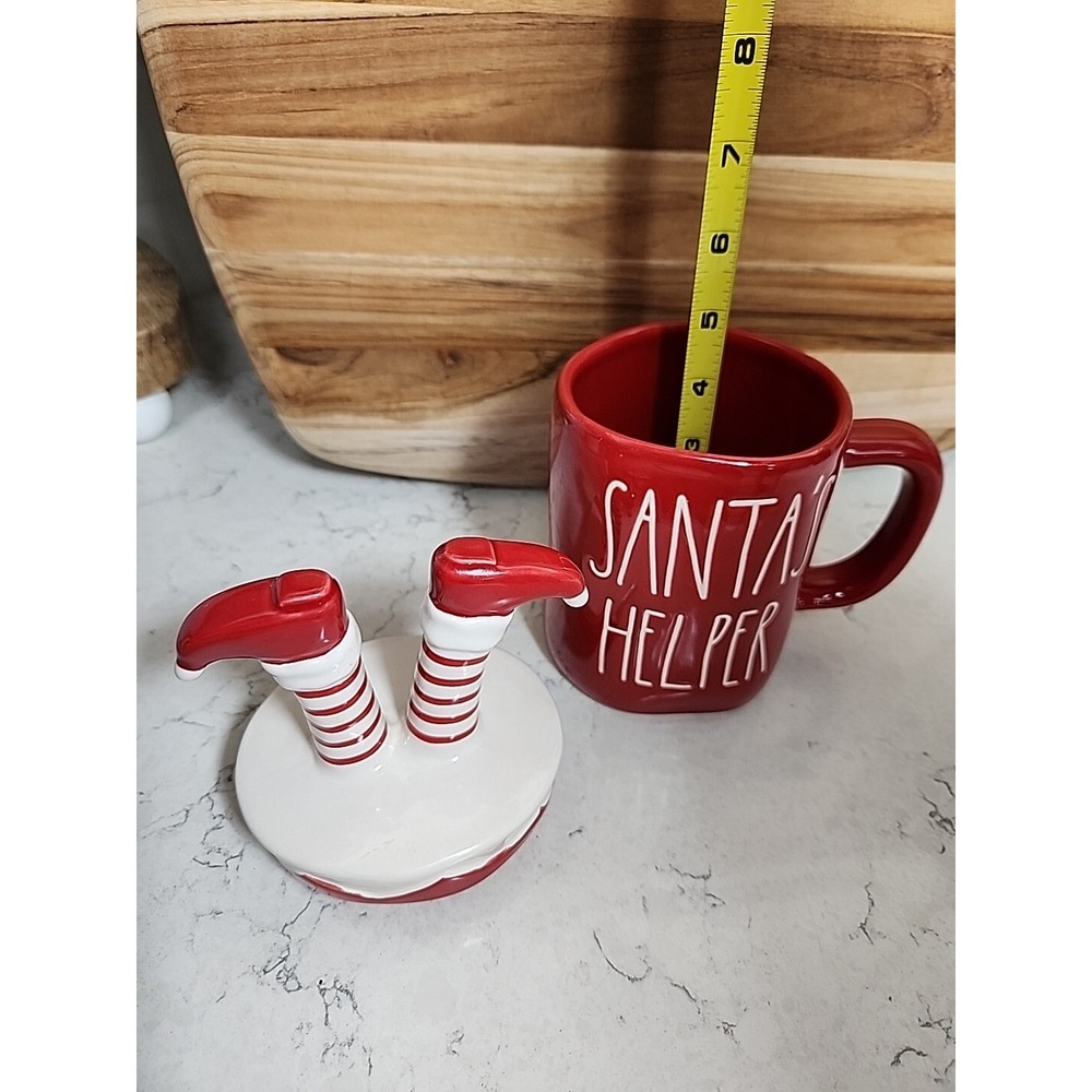 Rae Dunn SANTA'S HELPER Mug w Elf Legs Topper Christmas Red White 2020 VHTF - Picture 5 of 11